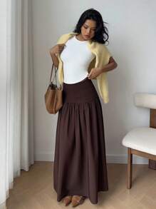 SHEIN EZwear Women's Fall Casual Coffee-Brown Knotted Waistband Skirt - Coffee Brown - View 3