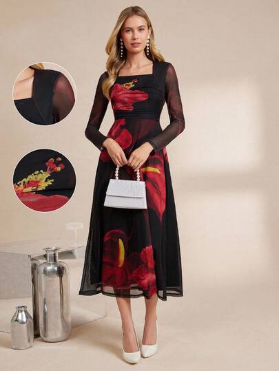 Amorya 女士优雅方领花卉印花针织长裙，修身腰部设计，适合日常、派对和多种场合，秋季