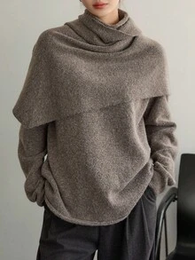 Dazy-Less 女士宽松商务休闲斗篷式针织毛衣套装，适合秋冬季办公室穿着 - 棕色 - 查看 4