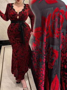 Flirla Elegant Floral Lace V-Neck Plus Size Bodycon Dress Fall Cloth For Women - Multicolor - View 1