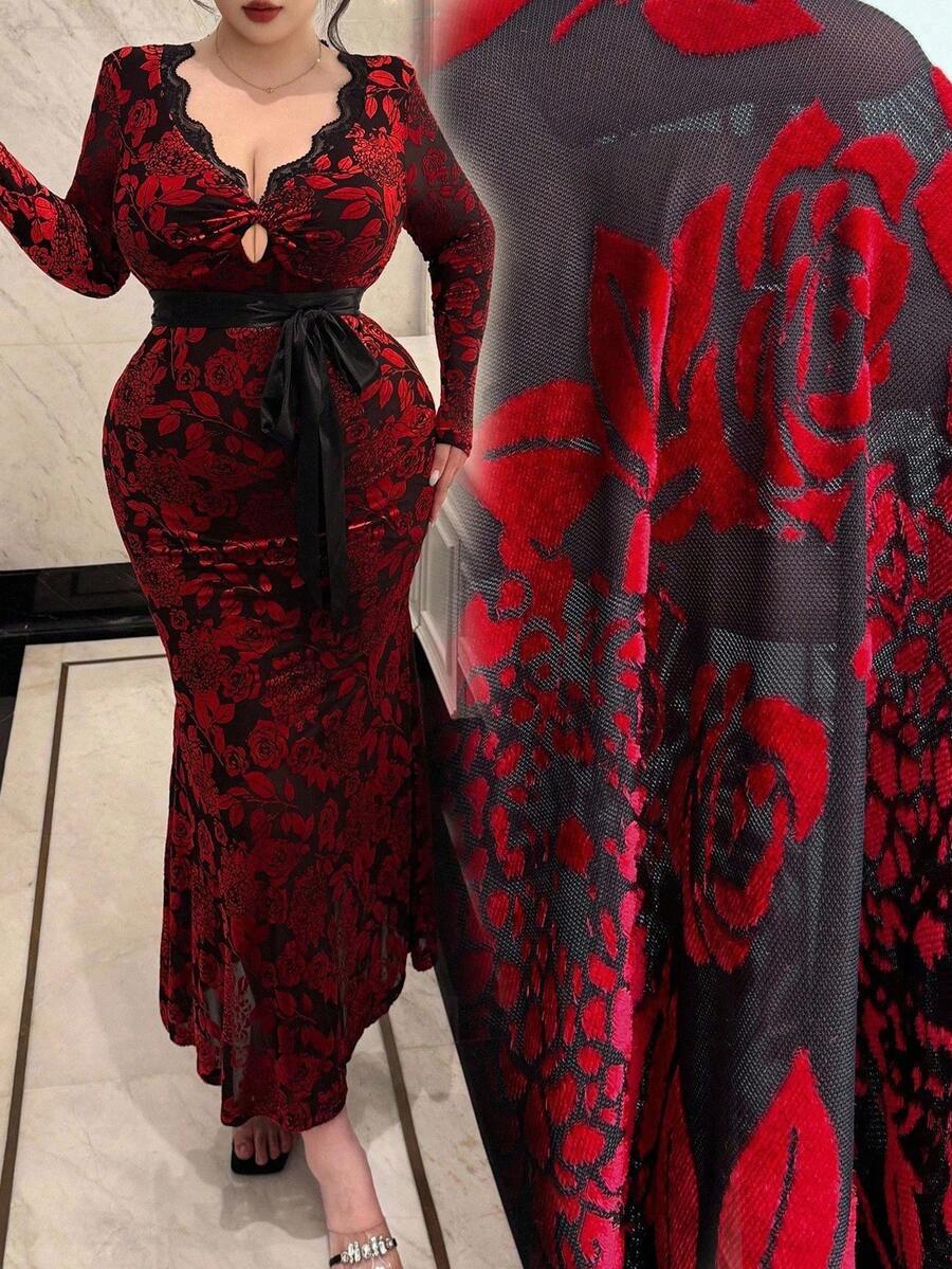 Flirla Elegant Floral Lace V-Neck Plus Size Bodycon Dress Fall Cloth For Women - Multicolor - View 1