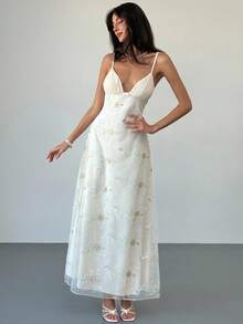 Aloruh Váy dây mảnh gợi cảm cổ chữ V sâu thêu hoa dành cho nữ - Màu be - Xem 2