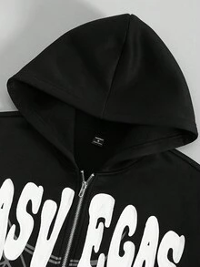 Manfinity Roghcode Manfinity Streetrush 男式 Y2K 休闲蜘蛛网和字母印花连帽运动衫，时尚拉链街头风连帽衫，适合秋冬季节，完美的万圣节和返校礼物，百搭日常穿着，送给男朋友的理想礼物 - 黑色 - 查看 4