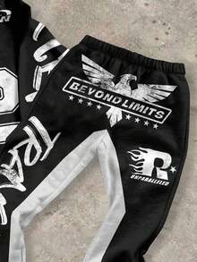 SHEIN 2 件男童图案连帽衫和运动裤套装 - “超越极限 32”大胆老鹰街头服饰 | 青少年秋冬励志服装，休闲宽松圆领长袖和裤子套装，适合秋冬季 - 彩色 - 查看 3