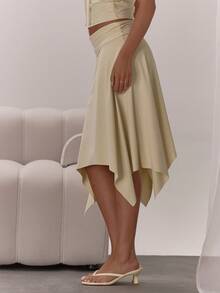 MUSERA 低腰不对称下摆翻边中长裙，优雅性感，适合夜晚外出、度假、秋季叠穿、派对、夏季等场合。 - 杏色 - 查看 3