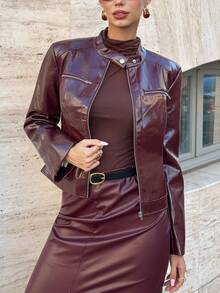 SHEIN Clasi 大码休闲保暖连帽拉链外套，秋冬季，带口袋，舒适保暖，2025新款，大码女式长袖口袋休闲外套，冬季，复古，外出，办公室，秋季，优雅，办公室，新年圣诞节 - 酒紅色 - 查看 6