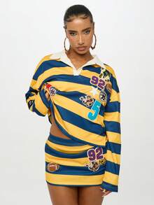 SUMWON WOMEN Varsity Rugby Stripe Collegiate Style Sweatshirt With Patches Retro Sports Number Football For Fall Winter Y2K Fashion - Multicolor - View 3