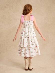 Vestido con estampado floral para niña preadolescente con tirantes de lazo desmontables, elegante para primavera/verano - Beis - Ver 2