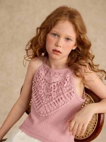 Tween Girl Vacation Beach Floral Lace Trim Fitted Sleeveless Crop Top, Summer Girls Lace Top - Dusty Pink - View 3