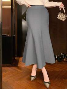 DAZY 女士优雅纯色美人鱼下摆毛衣半身裙，秋冬女装半身裙 - 灰色 - 查看 2