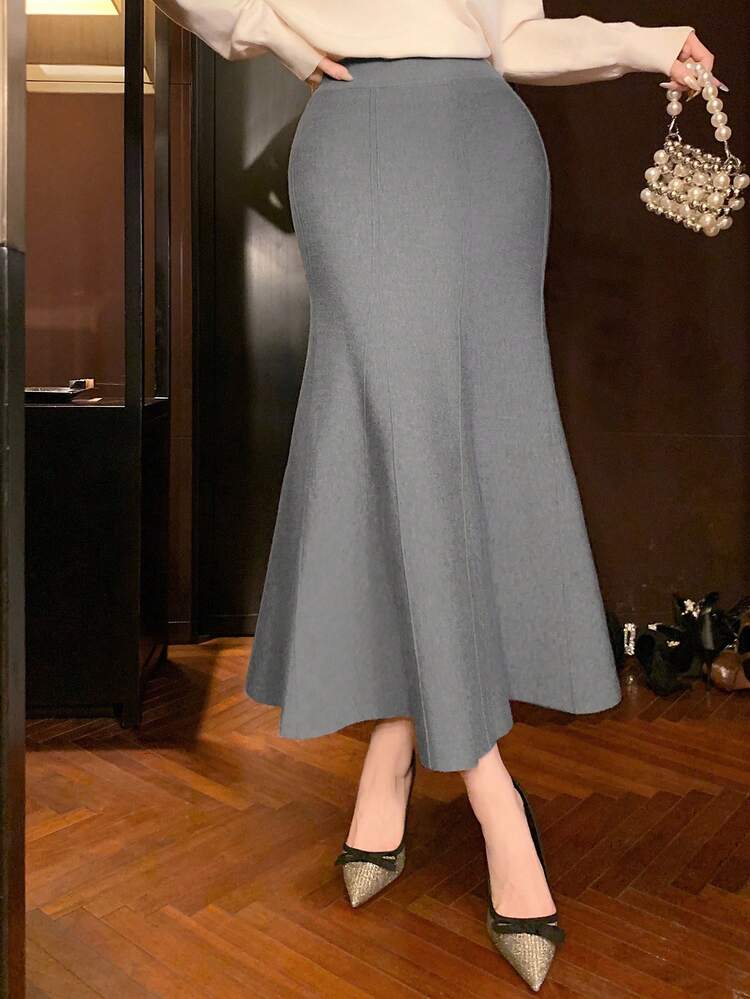DAZY 女士优雅纯色美人鱼下摆毛衣半身裙，秋冬女装半身裙 - 灰色 - 查看 2