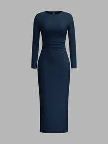 SHEIN EZwear Váy nữ cỡ lớn mùa đông, váy dài tay cho nữ, váy dự tiệc, váy bó sát cổ tròn thường ngày, váy bó sát màu đen dài, váy midi màu đen, váy đen cong, váy dài tay màu đen - Màu xanh hải quân - Xem 1