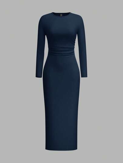 SHEIN EZwear 大码女装冬季连衣裙、女士长袖连衣裙、派对礼服、圆领修身休闲连衣裙、黑色修身长裙、黑色中长裙、曲线黑裙、长袖黑裙