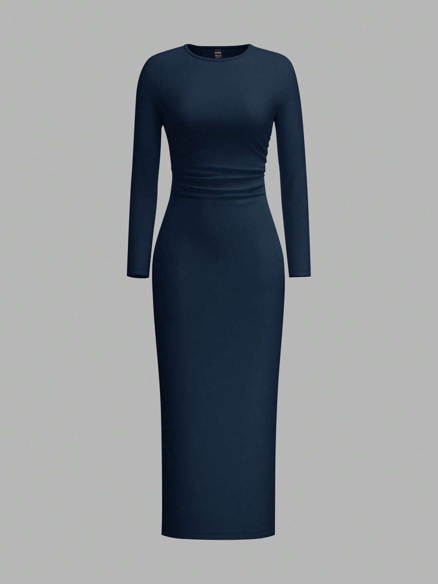 SHEIN EZwear Váy nữ cỡ lớn mùa đông, váy dài tay cho nữ, váy dự tiệc, váy bó sát cổ tròn thường ngày, váy bó sát màu đen dài, váy midi màu đen, váy đen cong, váy dài tay màu đen - Màu xanh hải quân - Xem 1