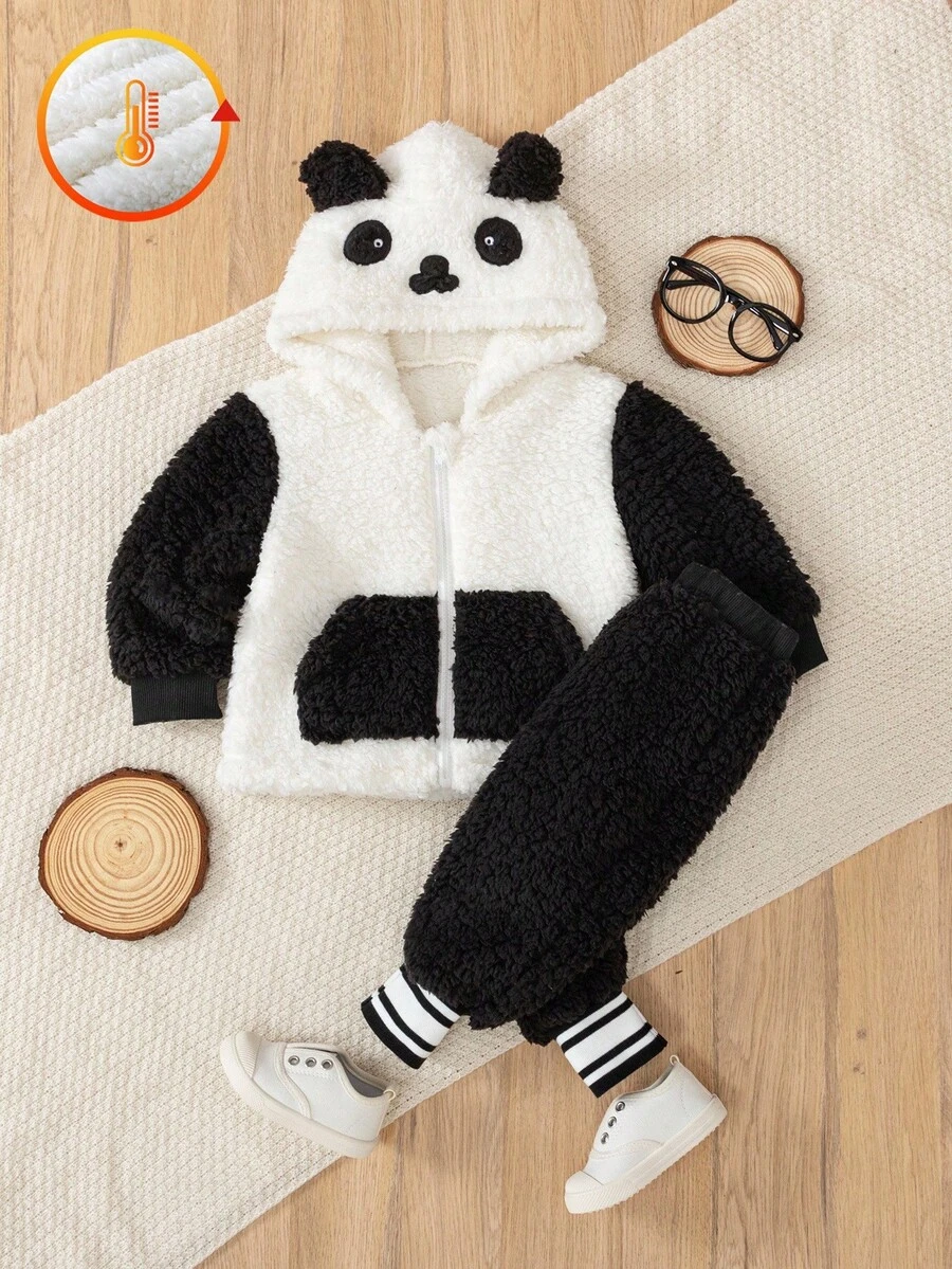 2 件套幼儿男童卡通刺绣 3D 耳朵设计羊毛连帽衫和裤子套装，适合秋冬季日常穿着和各种场合