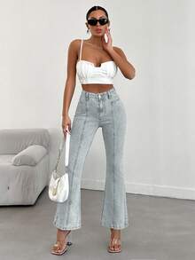 EURMUSE 98%纯棉高腰修身休闲喇叭裤 - 淺色水洗藍 - 查看 3