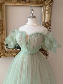 Lovelzi 优雅浪漫的绿色网眼荷叶边露肩收腰派对鸡尾酒会礼服 - 綠色 - 查看 7