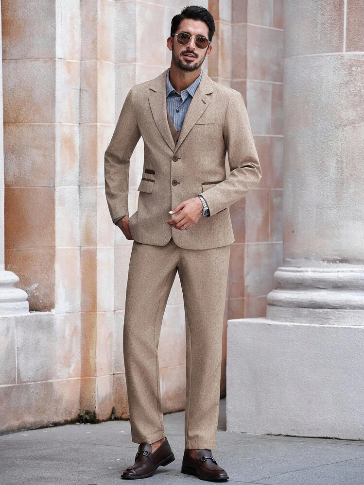 Manfinity Bizformal Conjunto de traje de negocios con cuello de solapa y botones delanteros para hombres en color caqui - Caqui - Añade 3