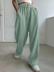 DAZY Women's Drawstring Waist Striped Pocket Wide Leg Loose Casual Pants - Green - View 3