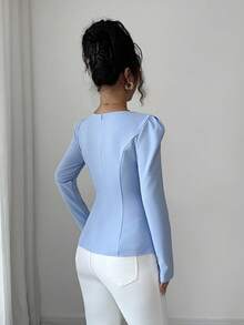 Elenzga 女士优雅浪漫珍珠装饰领腰修身长袖衬衫 - 霧霾藍 - 查看 2