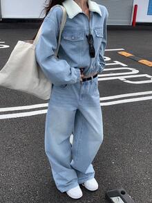 DAZY 女式休闲浅水洗蓝色翻领牛仔套装，秋季 - 藍色 - 查看 1
