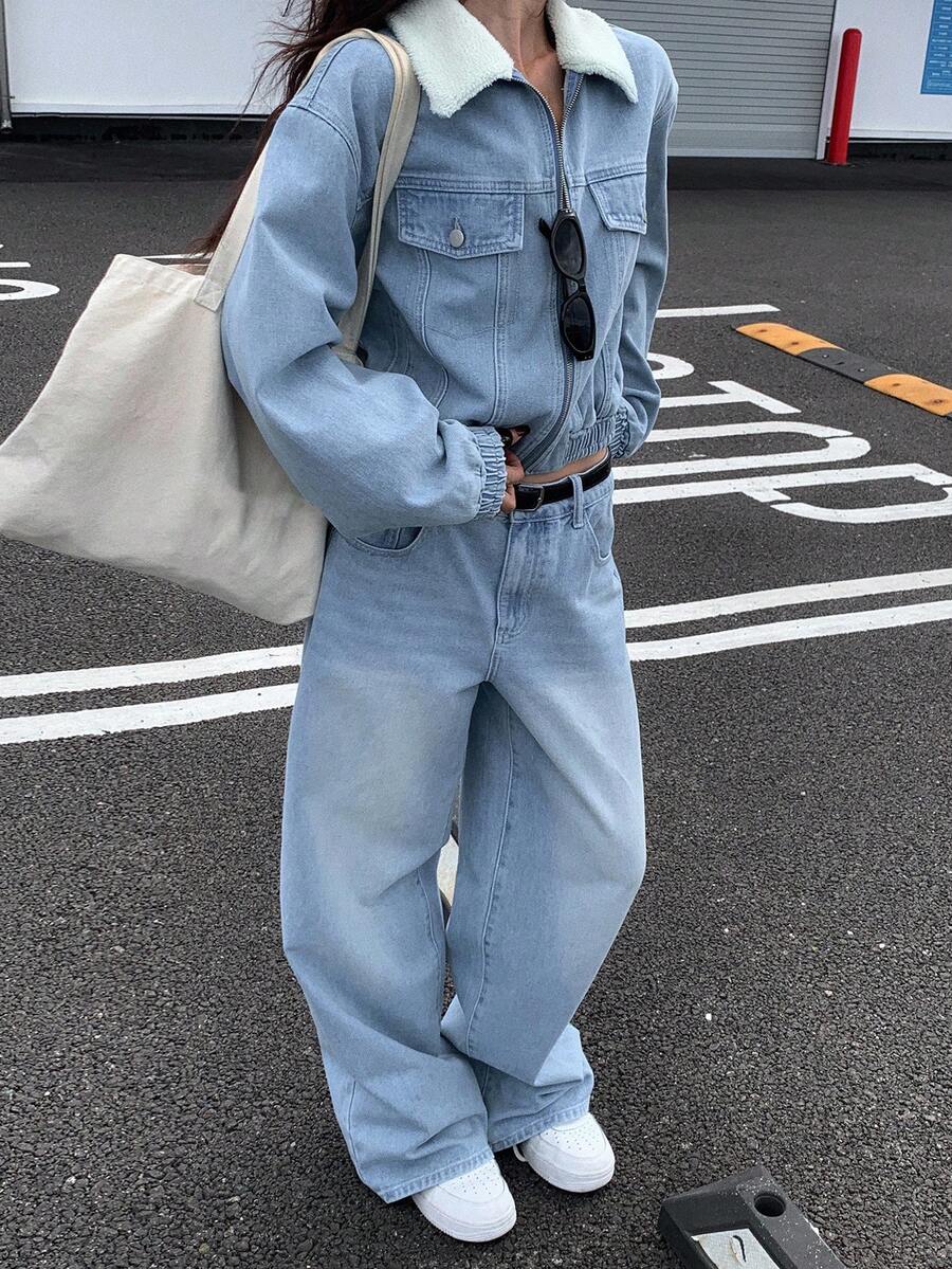 DAZY 女式休闲浅水洗蓝色翻领牛仔套装，秋季 - 藍色 - 查看 1