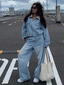 DAZY 女式休闲浅水洗蓝色翻领牛仔套装，秋季 - 藍色 - 查看 6