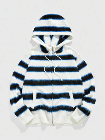 Street Life Cardigan à capuche tricoté avec imprimé rayé pour hommes, automne-hiver