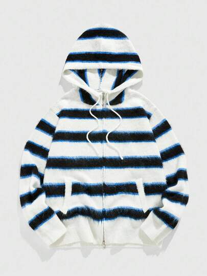 Street Life Cárdigan de punto con capucha y estampado de rayas para hombre, otoño e invierno