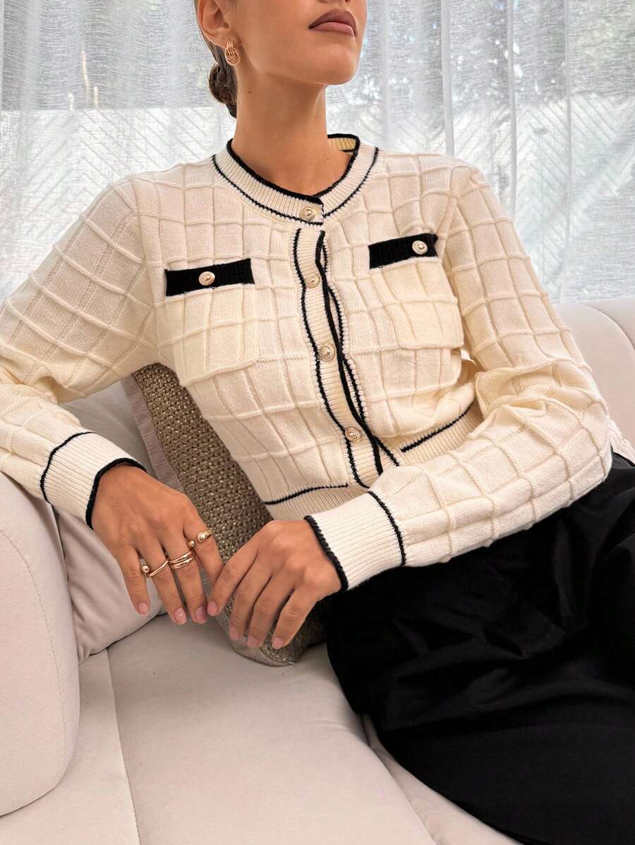 Lavishia 女士撞色长袖单排扣休闲针织开衫(秋季款) - 白色 - 查看 1