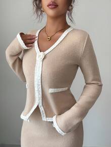 Elenzga Damen Herbst/Winter Neue Bequeme Strick Khaki V-Ausschnitt Langarm Patchwork Hochwertige Spitze 3D Rose Eleganter Elastischer Bund Vielseitiger Einfacher Pullover & Rock Business Lässig Chic Outfit - Khaki - Übersicht 3