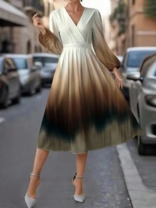 SHEIN Clasi V领长袖女士长裙，适合秋冬季 - 彩色 - 查看 3