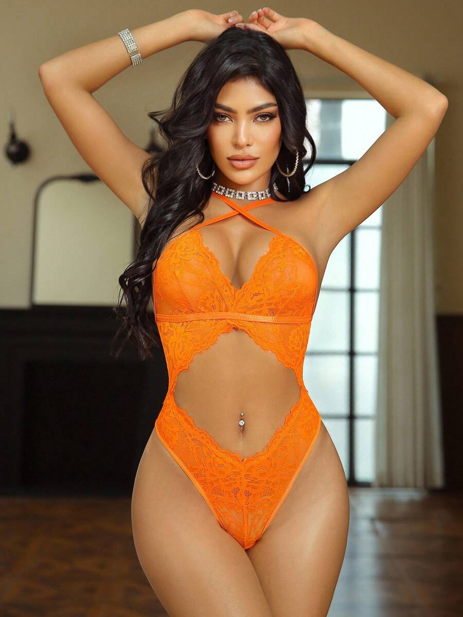 SHEIN 万圣节橙色蕾丝拼接性感女式紧身衣 - 橘色 - 查看 1