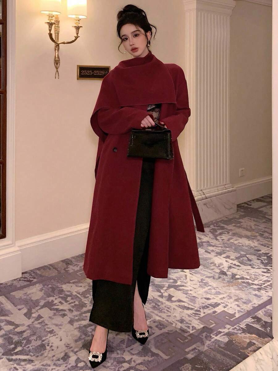 DAZY Women's Loose Waist Long Overcoat With Scarf Collar, Casual City Style,New Year - Burgundy - View 1