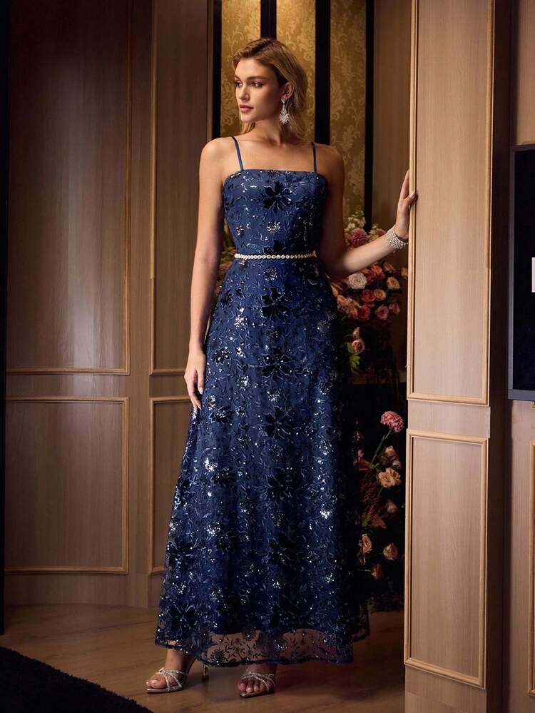 ELEGANT MESH CONTRAST SEQUIN EMBROIDERY FLORAL PATTERN SLIP DRESS WITHOUT BELT