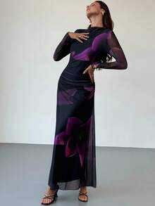 Aloruh 全新秋冬紫色扎染花卉网眼印花派对长袖修身连衣裙 - 紫色 - 查看 5