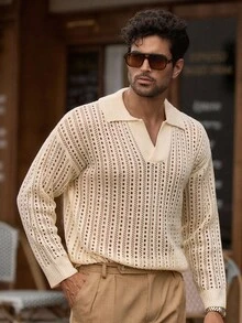 Manfinity VCAY Men's Casual Textured Hollow-Out Knit Sweater, Fall Winter - White - View 5
