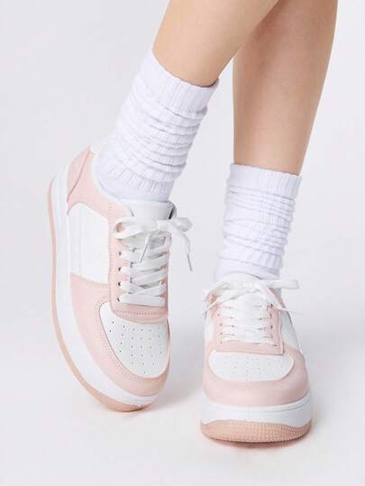 Kawaii Women's Thick Sole Lace-Up White Casual Sneakers, Versatile For Spring/Summer, Student/Sporty Style