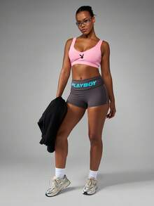 Missguided x Playboy 高腰运动短裤，腰带带有标志，适合运动训练和瑜伽锻炼 - 彩色 - 查看 4