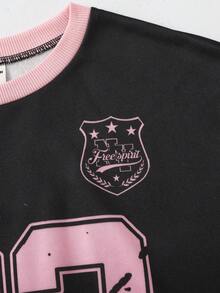 SHEIN 2 件套青少年女孩休闲运动学院风宽松数字和字母图案蝴蝶结圆领长袖连帽衫和喇叭裤套装，撞色领口 - 黑色 - 查看 4