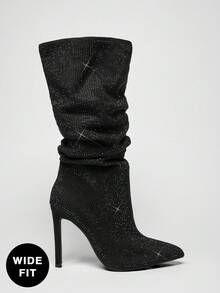 SHUZIA 女式宽筒及宽版水钻尖头及膝细高跟休闲中筒靴 - 黑色 - 查看 3