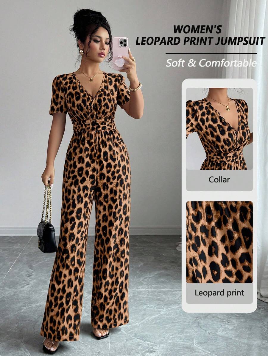 Elenzga Ladies' Elegant Vacation And Casual Summer Leopard Print Jumpsuit