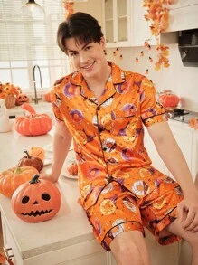 FamilyFrolics Cute Donut Print Satin Men Pajama Set, Suitable For Halloween - Multicolor - View 2