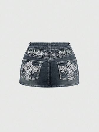 Grunge Punk Completo vintage Y2K: top corto a corsetto, minigonna di jeans con tasche, ricamo a croce e ali, taglie comode