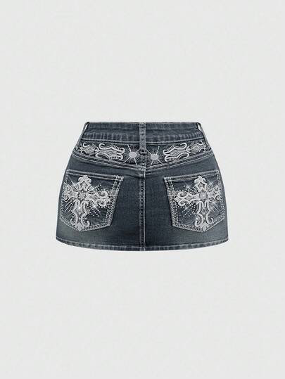 Grunge Punk Y2K Vintage Crop Top Corset Denim Mini Skirt With Pocket, Cross & Wing Embroidery, Plus Size