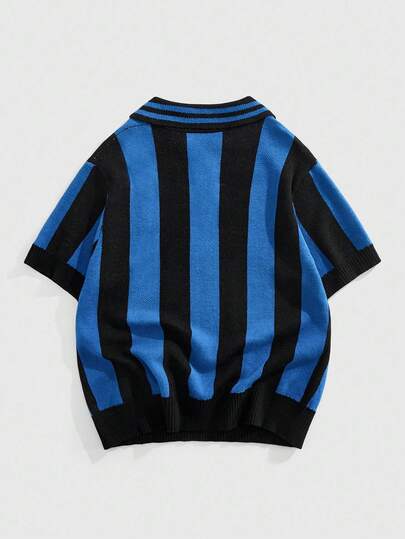 Prep Camiseta de punto de manga corta con rayas de contraste y gráfico de letras para uso casual diario de hombres