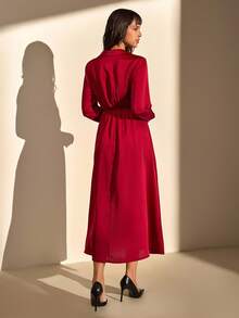 CLARA VERO Solid Color, Long Sleeve, Belted, V-Neck, Long Dress - Red - View 3