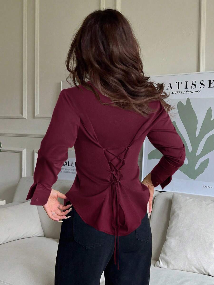 SHEIN EZwear Vinröd skjorta med långärmad dragsko och knapp framtill för dam, höst/vinter, eleganta blusar för dam - Bourgogne - Visa 1