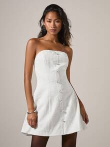COSMINA 女式纯色紧身胸衣前扣纹理迷你连衣裙 - 白色 - 查看 1