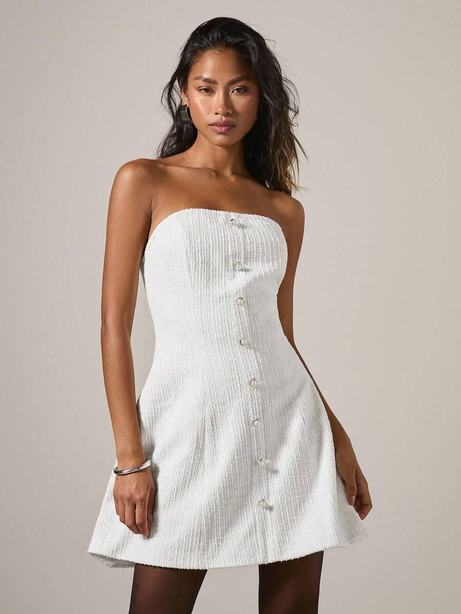 COSMINA 女式纯色紧身胸衣前扣纹理迷你连衣裙 - 白色 - 查看 1